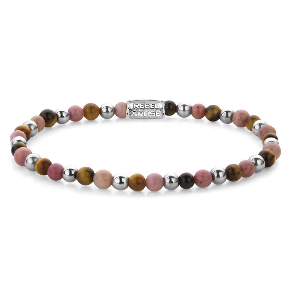 Edelstenen bead armband, handgemaakt van 4mm stenen (Hematiet, Tijgeroog, Rhodochrosiet en Bronziet) met een zilverkleurige edelstalen sluiting. Het Rebel & Rose sieraad is makkelijk te combineren met onze andere kralenarmbanden.