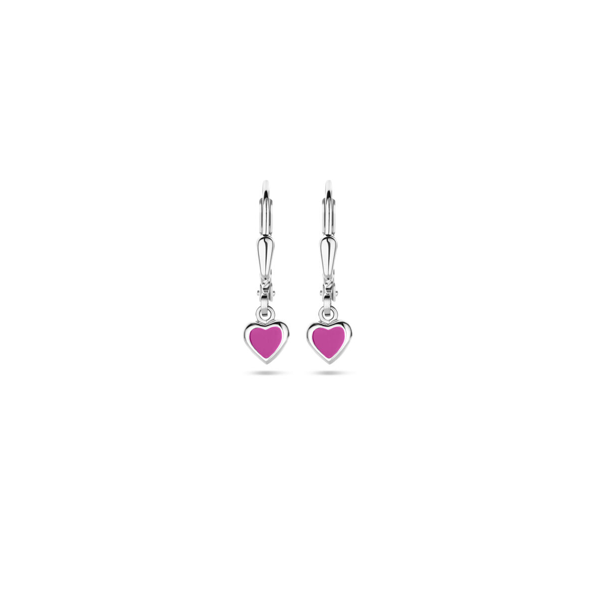 Gerhodineerd 925 zilveren oorhangers uitgevoerd met roze emaille. De oorhangers hebben een totale hoogte van 19mm.