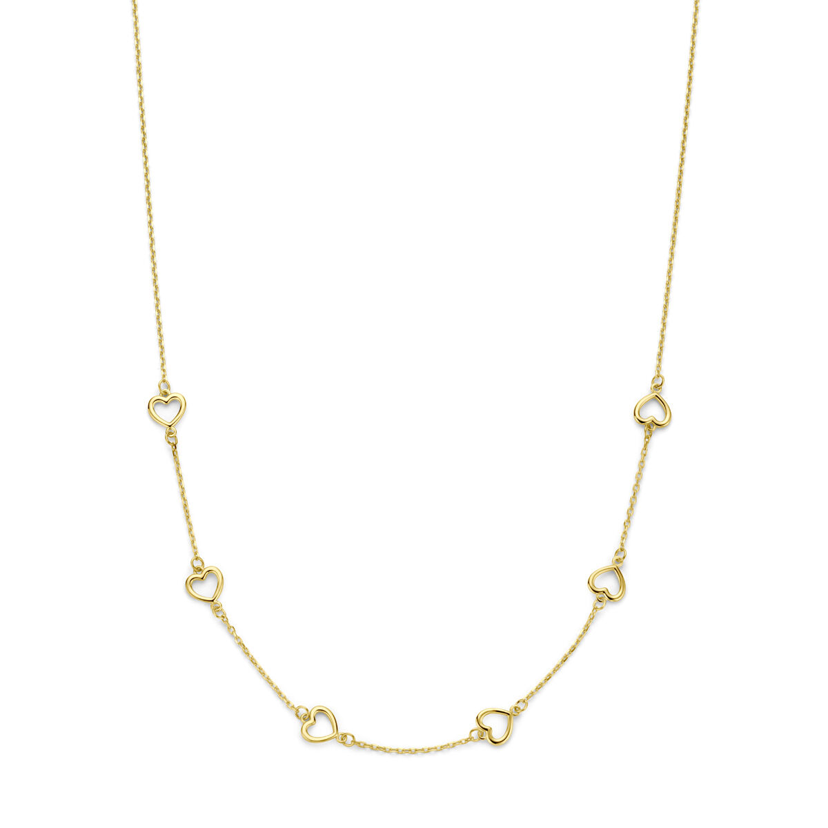 14k Geelgouden collier uitgevoerd met hartjes en een karabijn sluiting. Het collier heeft een draaglengte van 45cm en een schakelbreedte van 1mm.