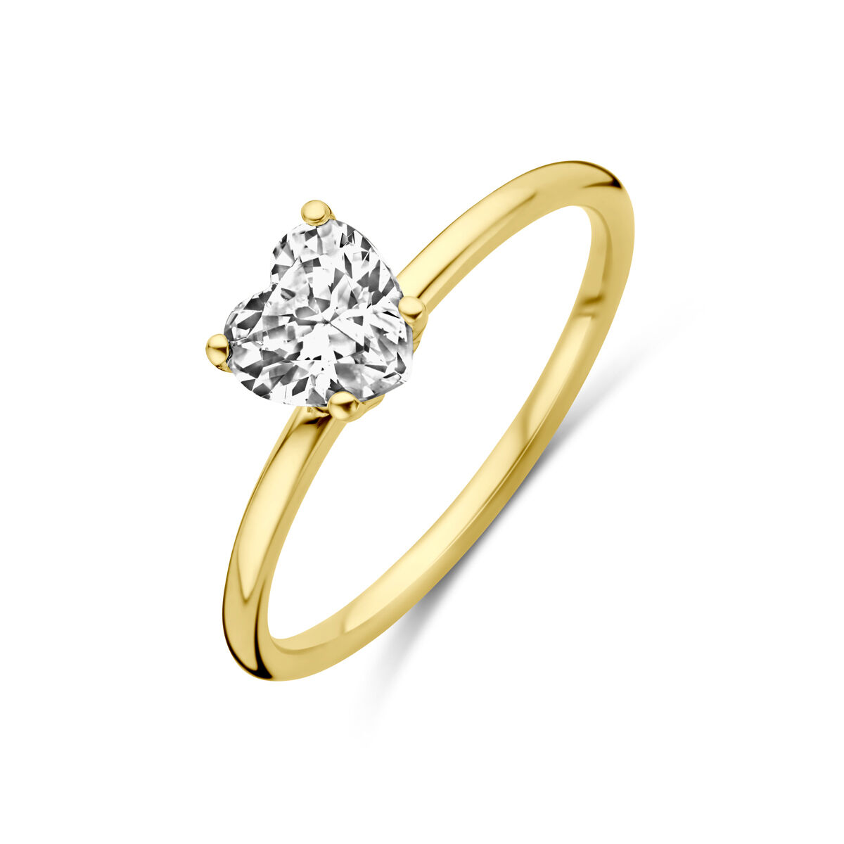 14k Geelgouden ring uitgevoerd met een hart zirkonia. Het hart heeft een afmeting van 6x6mm, maat 17 3/4