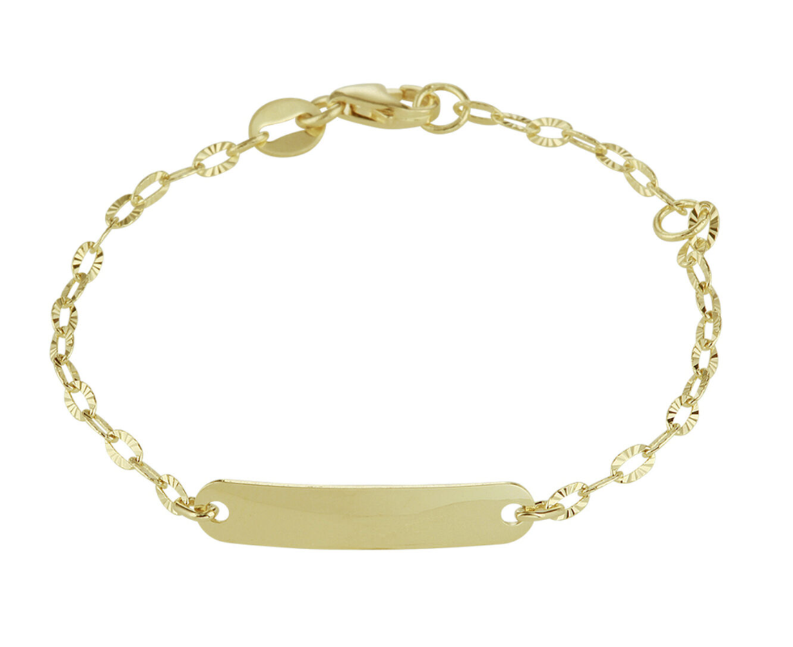 14k Geelgouden armband met graveerplaat van 4x20mm met een dikte van 0.5mm en een stevige karabijnsluiting. De armband heeft draaglengtes van 11 en 13cm. De schakelbreedte is 1.8mm.