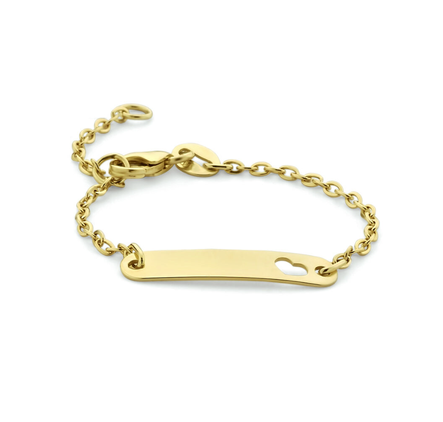 14k Geelgouden graveerarmband uitgevoerd met een open hartje en een stevige karabijn sluiting. Het graveerplaatje heeft een afmeting van 4x20mm en een dikte van 0.5mm. De schakelbreedte is 1.6mm.