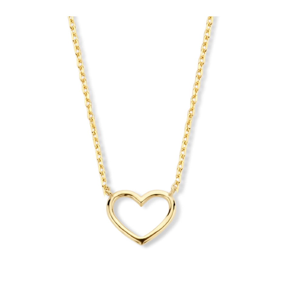 Dit fijne 14k geelgouden collier met een open hartje geeft je outfit een vriendelijke touch. Het collier heeft draaglengtes van 40, 42 en 44cm. De schakelbreedte is 0.8mm.