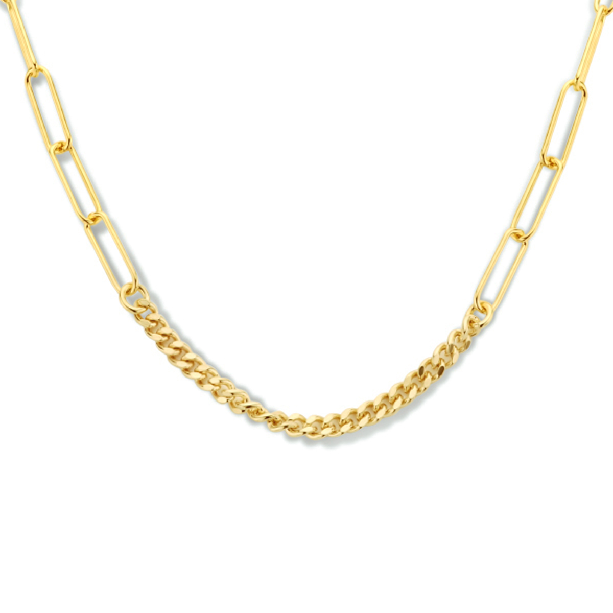 Geelgoud op 925 zilveren collier uitgevoerd met een gourmette schakel van 2,8mm en een paperclip schakel van 3.5mm. Het collier heeft een draaglengte van 42cm met een extensie van 3cm en een karabijn sluiting. Geen garantie op plating.