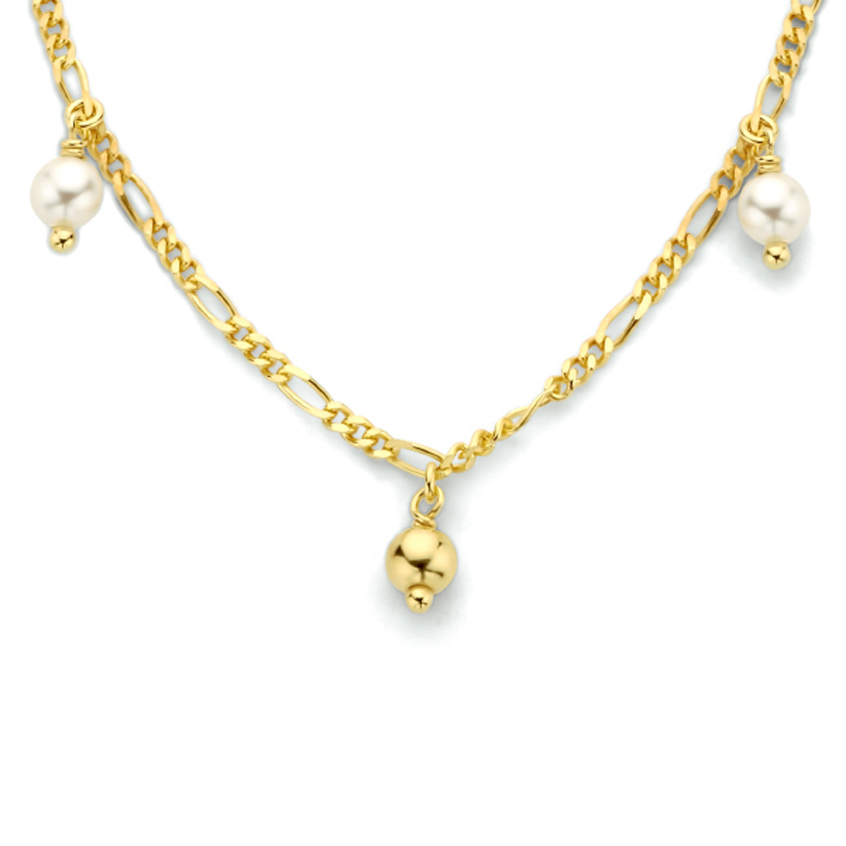 Geelgoud op 925 zilveren collier uitgevoerd met zoetwaterparels. Het collier heeft een draaglengte van 40cm en een stevige karabijn sluiting. Geen garantie op plating