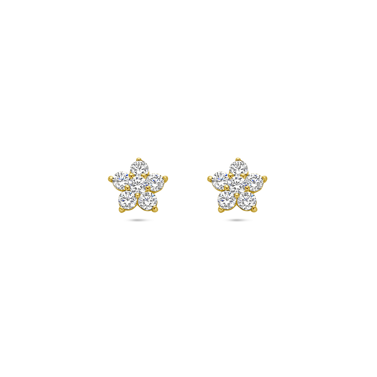 14k Geelgouden oorknoppen uitgevoerd in de vorm van een bloem met zirkonia. De oorknoppen hebben een afmeting van 6x6.5mm.