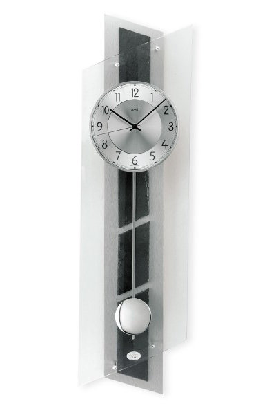 AMS - Quartz wandklok met een achterwand van geslepen aluminium en echt leisteen, gebogen mineraalglas en een aluminium wijzerplaat. Maat: 84 x 24 x 10 cm - 7217 AMS