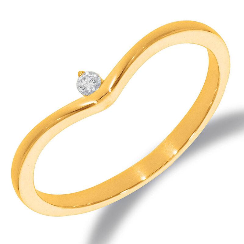 een 14 krt geelgouden ring met v-vorm en een diamantje briljant geslepen 0.03 crt H SI.