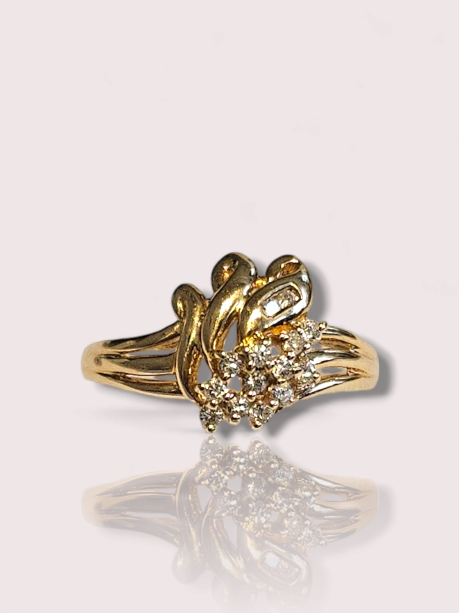 Deze prachtige 14 karaats geelgouden fantasiering is bezet met 14 schitterende diamanten. De ring heeft een uniek en speels ontwerp dat zorgt voor een elegante uitstraling. Draag deze ring als een statement piece voor een chique en stijlvolle look. Perfect voor speciale gelegenheden of om je dagelijkse outfit op te fleuren. Maak je outfit compleet met deze schitterende ring! De ringmaat kan desgewenst aangepast worden.