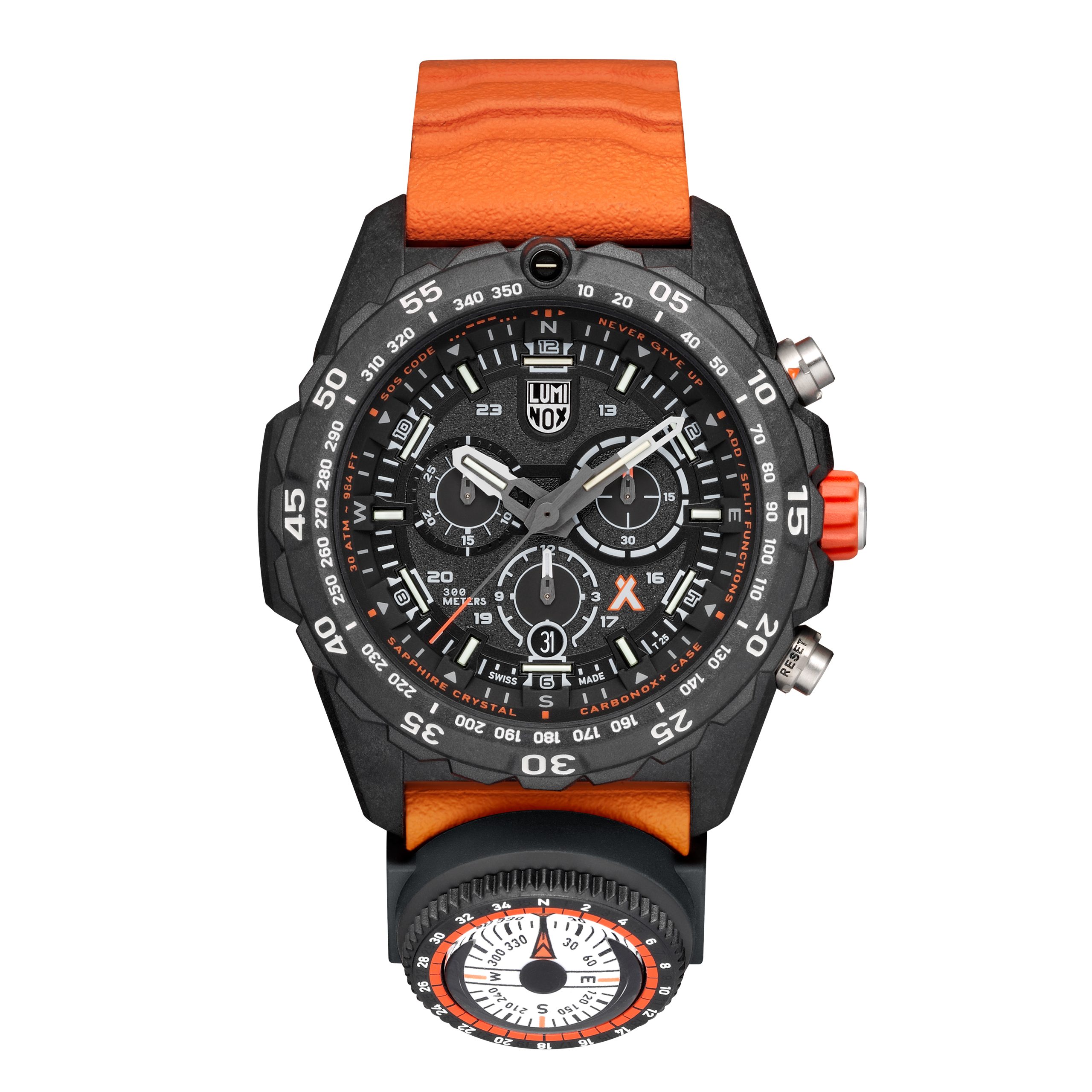 Luminox - Bear Grylls. Black/Grey. Orange Strap. Quartz 300m WR. Saffierglas - XB.3749