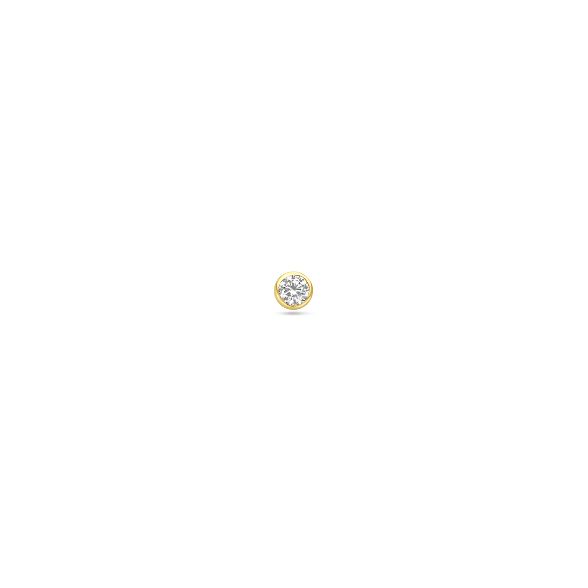 14k Geelgouden flat back piercing met schroefdraad uitgevoerd met zirkonia. Deze piercing heeft een diameter van 3mm, een buis lengte van 8mm en een buisdikte van 1.0mm.&nbsp;Let op, per stuk leverbaar.