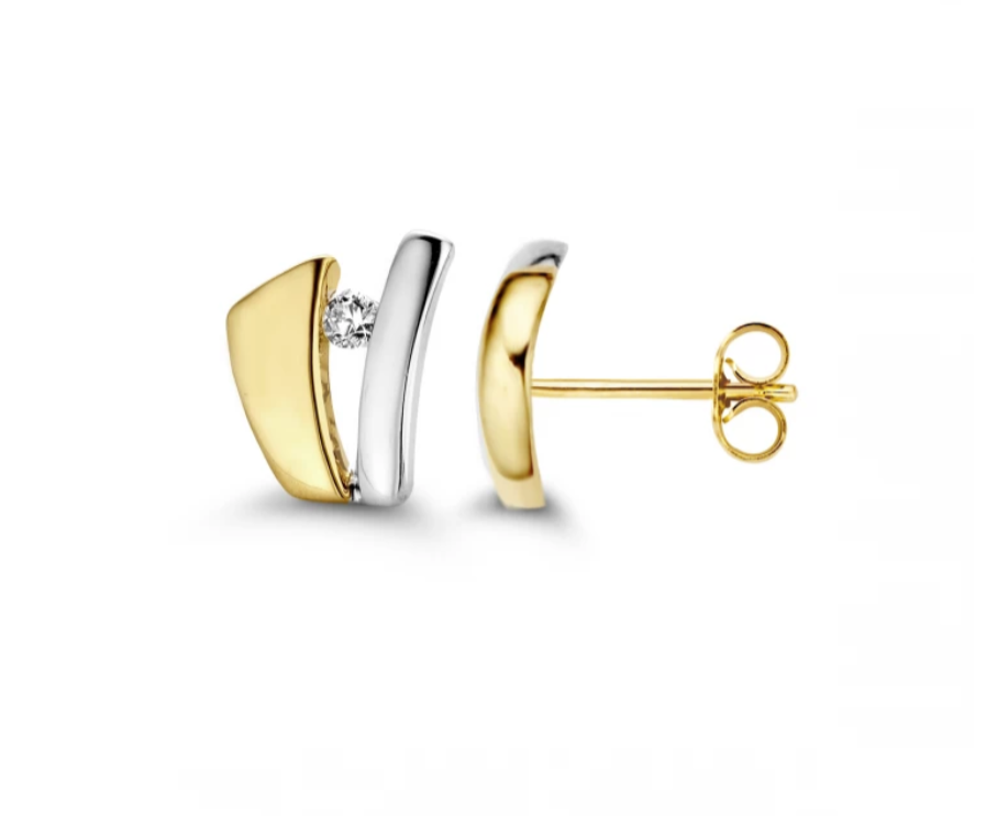 14 Karaat geel- met witgouden oorstekers  Mori Diamond Exclusive met 0.12 caraat briljant TW/VS1.