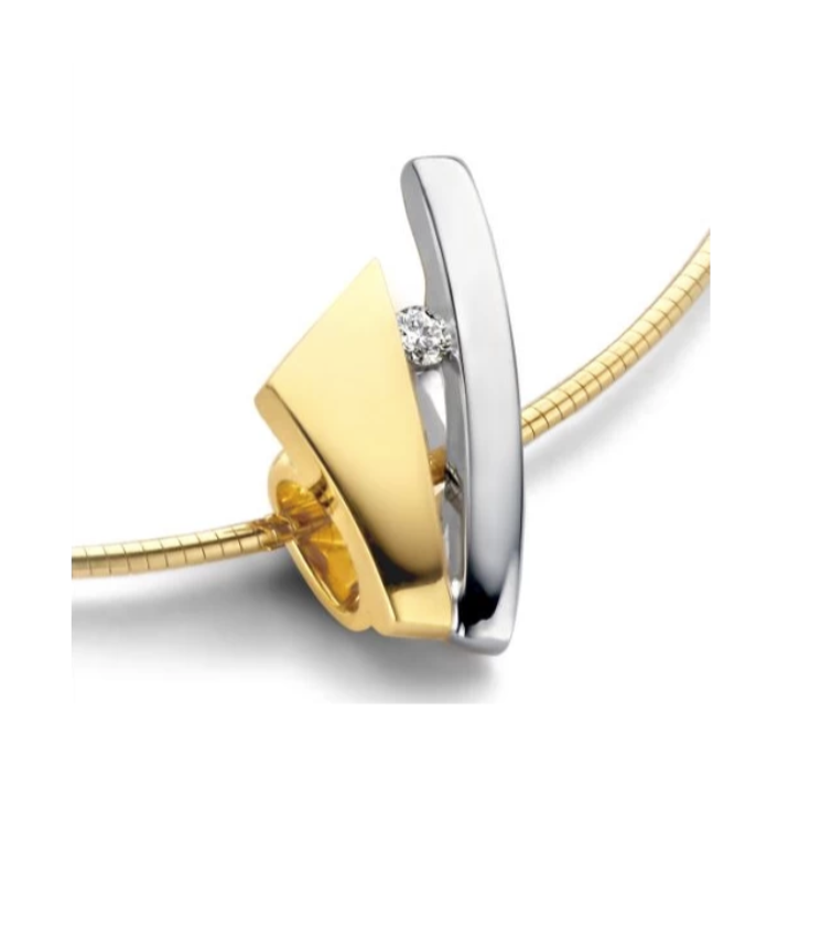 14 Karaat geel- met witgouden hanger Mori Diamond Exclusive met 0.09 caraat briljant G-VS1. Exclusief collier.