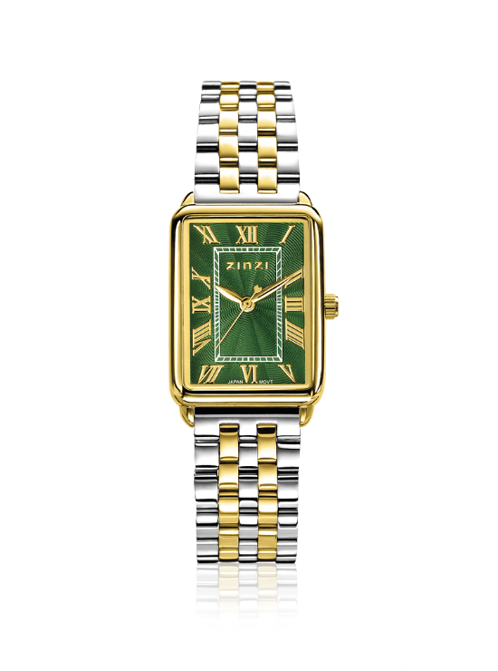 Het ZINZI Elegance horloge heeft een tijdloos rechthoekig ontwerp. De ronde hoeken zorgen voor een mooie look en extra draagcomfort. Met zijn geheel stalen kast van 28 x 21mm oogt dit horloge elegant op iedere pols. De sierlijke romeinse cijfers en wijzers geven de wijzerplaat een mooie uitstraling. Voorzien van een groene wijzerplaat en stalen 2 kleurige schakelband. De band is eenvoudig te verwisselen door het handige schuifsysteem aan de achterkant. Extra kwaliteit: Voorzien van een extra dun Japans kwaliteitsuurwerk, sterk mineraal glas en het horloge is 3atm waterbestendig (tegen regen en spatwater).
