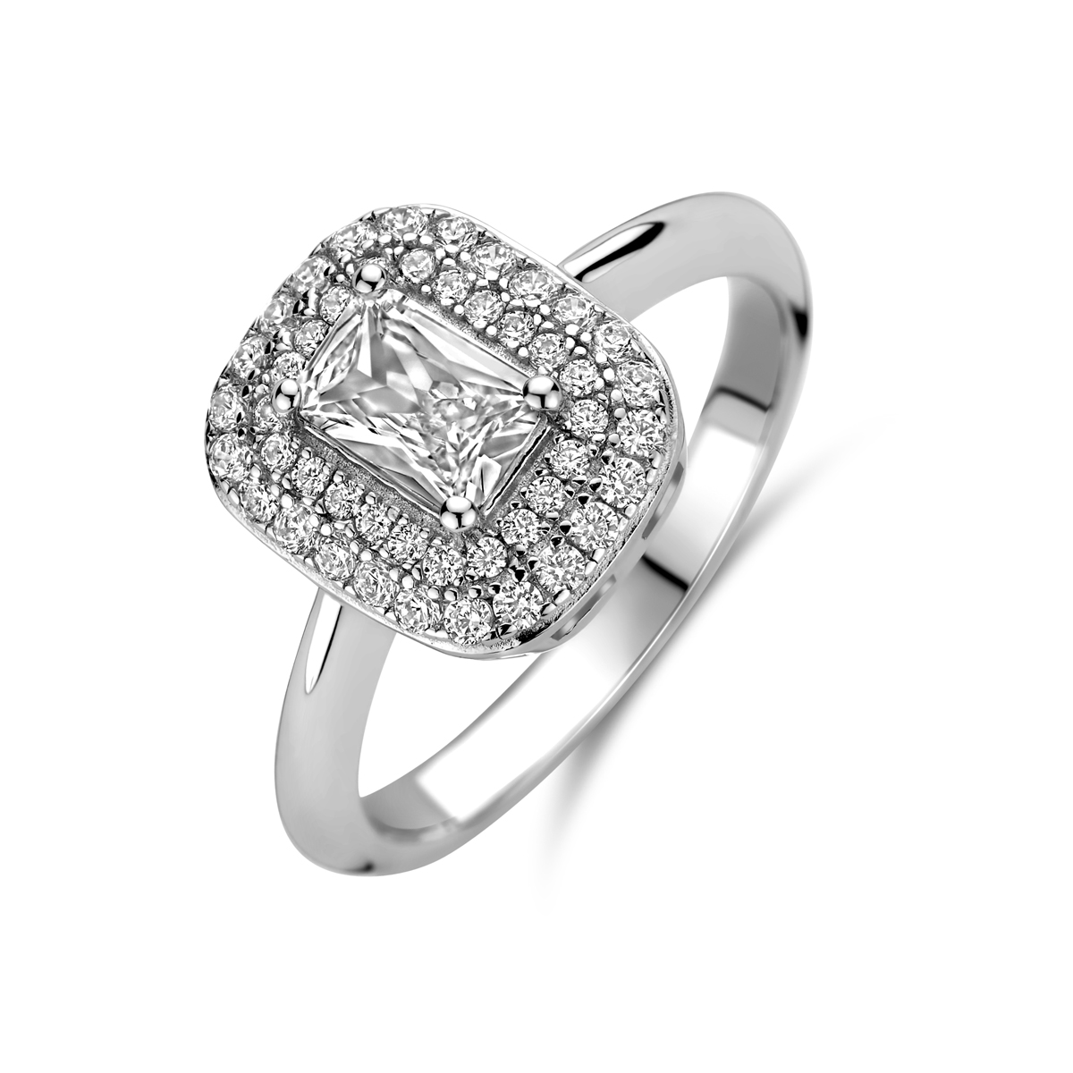 Gerhodineerd 925 zilveren ring uitgevoerd met zirkonia. De ring heeft een breedte van 11.5mm.