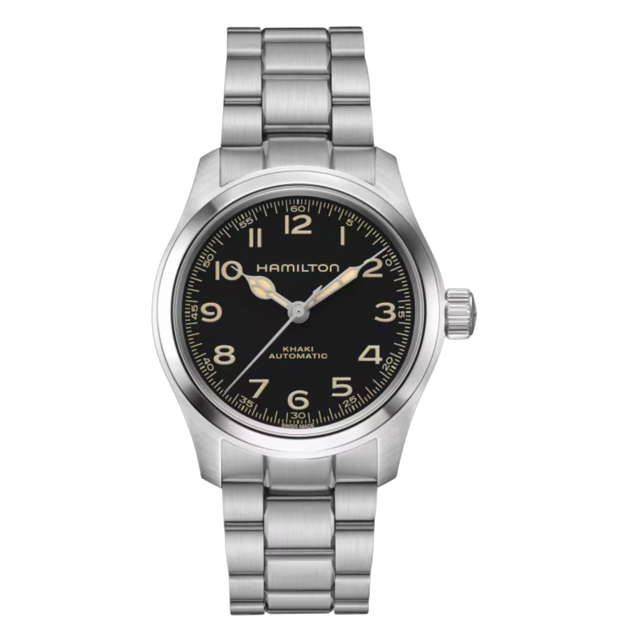 De Hamilton Khaki Field Murph H70405130 horloge heeft een roestvrijstalen kast en band, zwarte wijzerplaat met Arabische cijfers, saffierglas en automatische Zwitserse beweging. Het is waterdicht tot 10 bar. Draag deze stijlvolle, analoge polshorloge met zilverkleurige details voor zowel formele als casual gelegenheden. Het is nikkelvrij en allergievriendelijk, ideaal voor dagelijks gebruik.