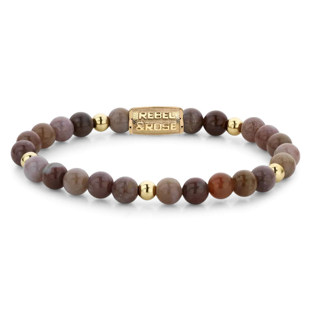 Edelstenen bead armband, handgemaakt van 6mm stenen met een verguld edelstalen sluiting. Het Rebel & Rose sieraad is makkelijk te combineren met andere zilveren, leren of kralenarmbanden.

Modelnaam	Indian Spring -  6mm
Modelnr.	RR-60070-G-S
Collectie	Bracelets Beads
Type sieraad	Armband
Kleur	Paars, Mix, Goudkleurig
Sluiting	Stainless Steel
Materiaal	Edelstenen
Steensoort	Agaat
Steenkleur	Roze/Bruin met goudkleur
Afwerking	Polish
Breedte (mm)	6mm
Garantie	6 maanden
