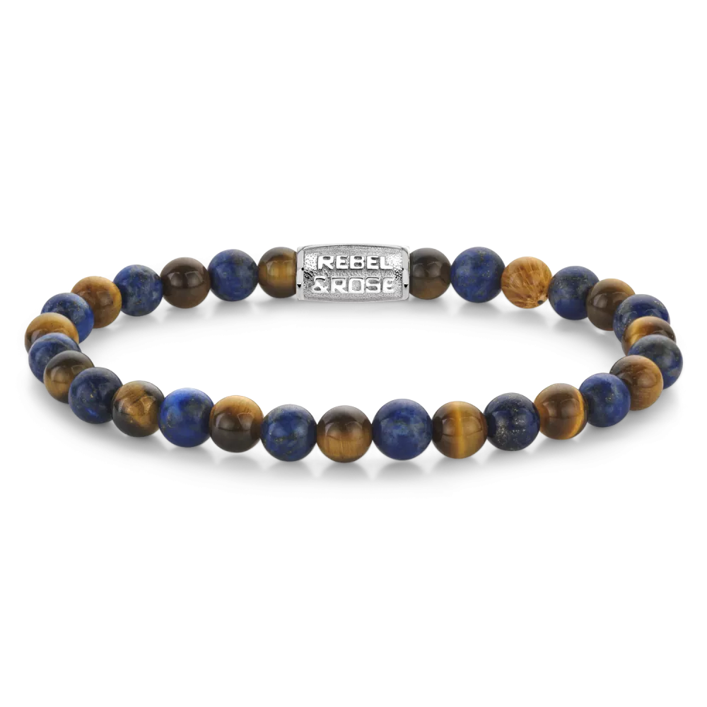Bead armband, handgemaakt van 6mm Lapis Lazuli en gele Tijgeroog stenen met een zilverkleurig stalen slot. Het Rebel & Rose sieraad is makkelijk te combineren met andere zilveren, leren of kralenarmbanden.

Modelnaam	Mix Tiger Lapis - 6mm
Modelnr.	RR-60133-S-L
Collectie	Bracelets Beads
Type sieraad	Armband
Kleur	Mix
Sluiting	Stainless Steel
Materiaal	Edelstenen
Steensoort	Tijgeroog, Lapis Lazuli
Steenkleur	Bruin, blauw
Afwerking	Polish
Breedte (mm)	6mm
Garantie	6 maanden
