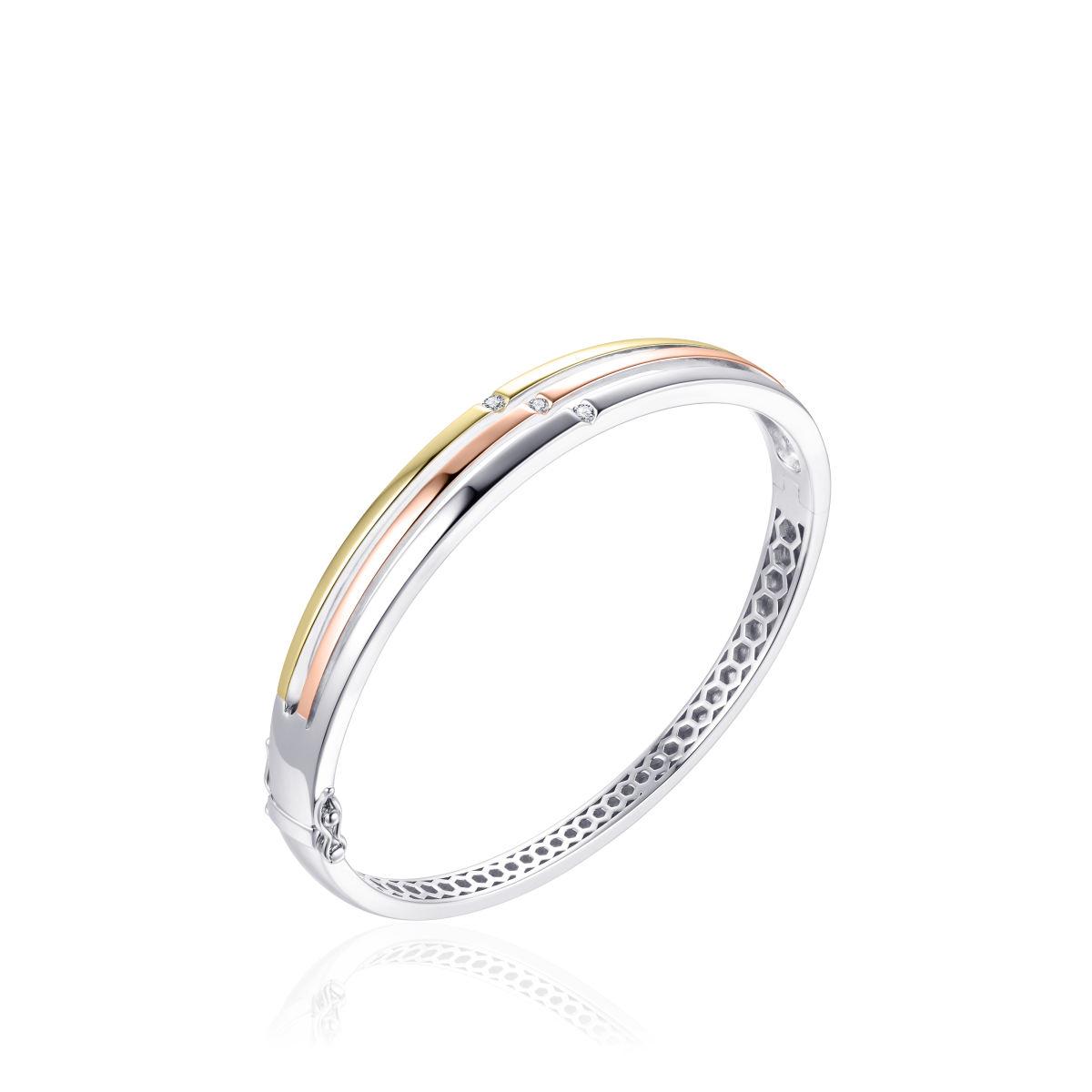 Zilveren Bangle 3 Banen Tri colour Verguld SB18T-64
