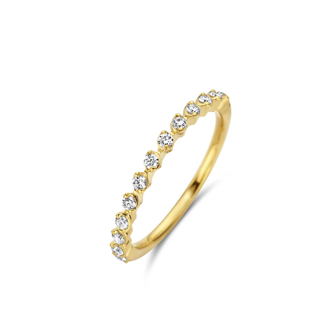 De Ischia Basics Ring is vervaardigd van 18kt geel goud en is versierd met 13 prachtige diamanten. Dit tijdloze sieraad is perfect voor dagelijks gebruik en voegt een vleugje glamour toe aan elke outfit. Draag deze ring als een enkel statementstuk of stapel hem met andere ringen voor een unieke look.