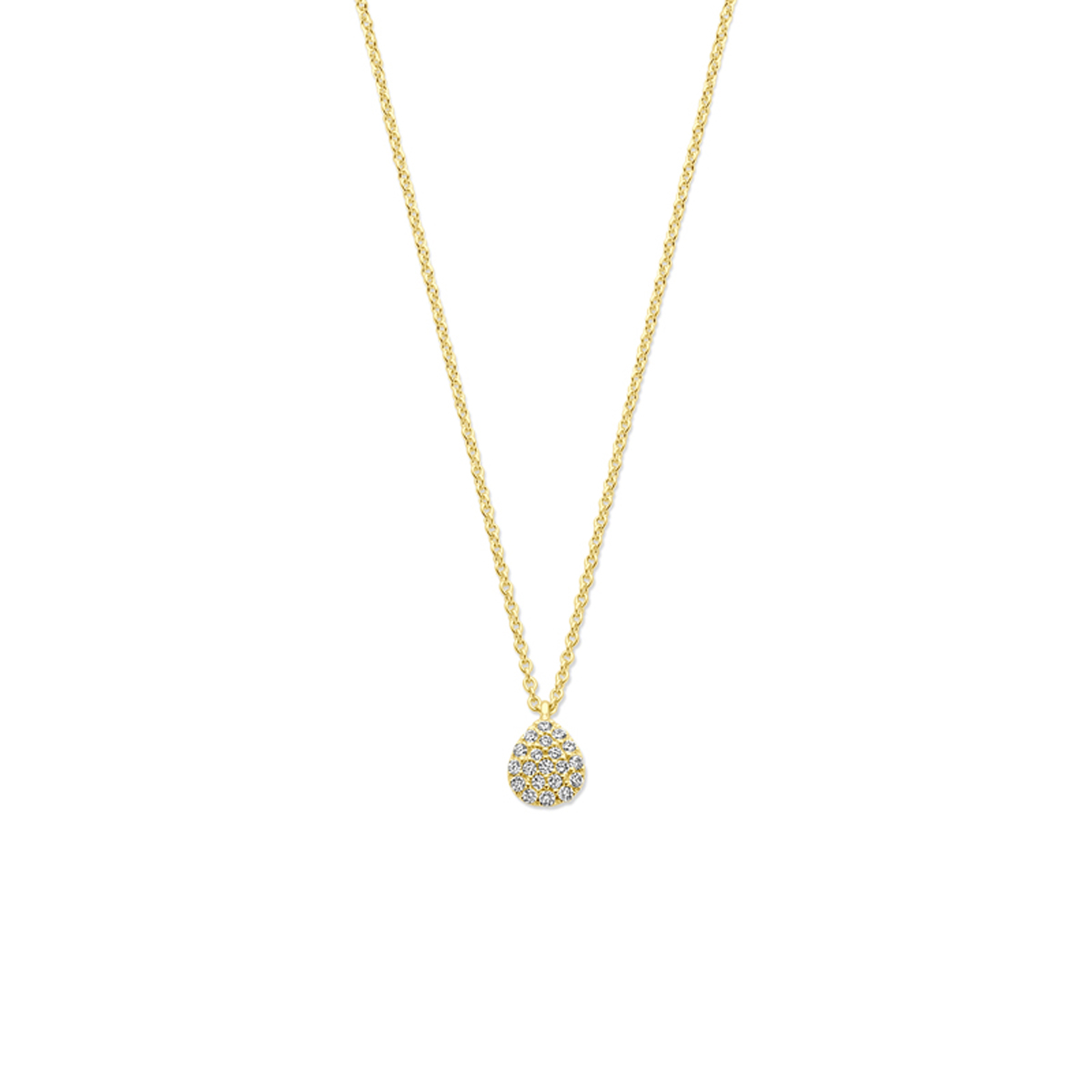 14k Geelgouden collier uitgevoerd met een druppel en diamant hanger. Het collier heeft een draaglengte van 44cm. Het totale diamantgewicht is 0.10ct.