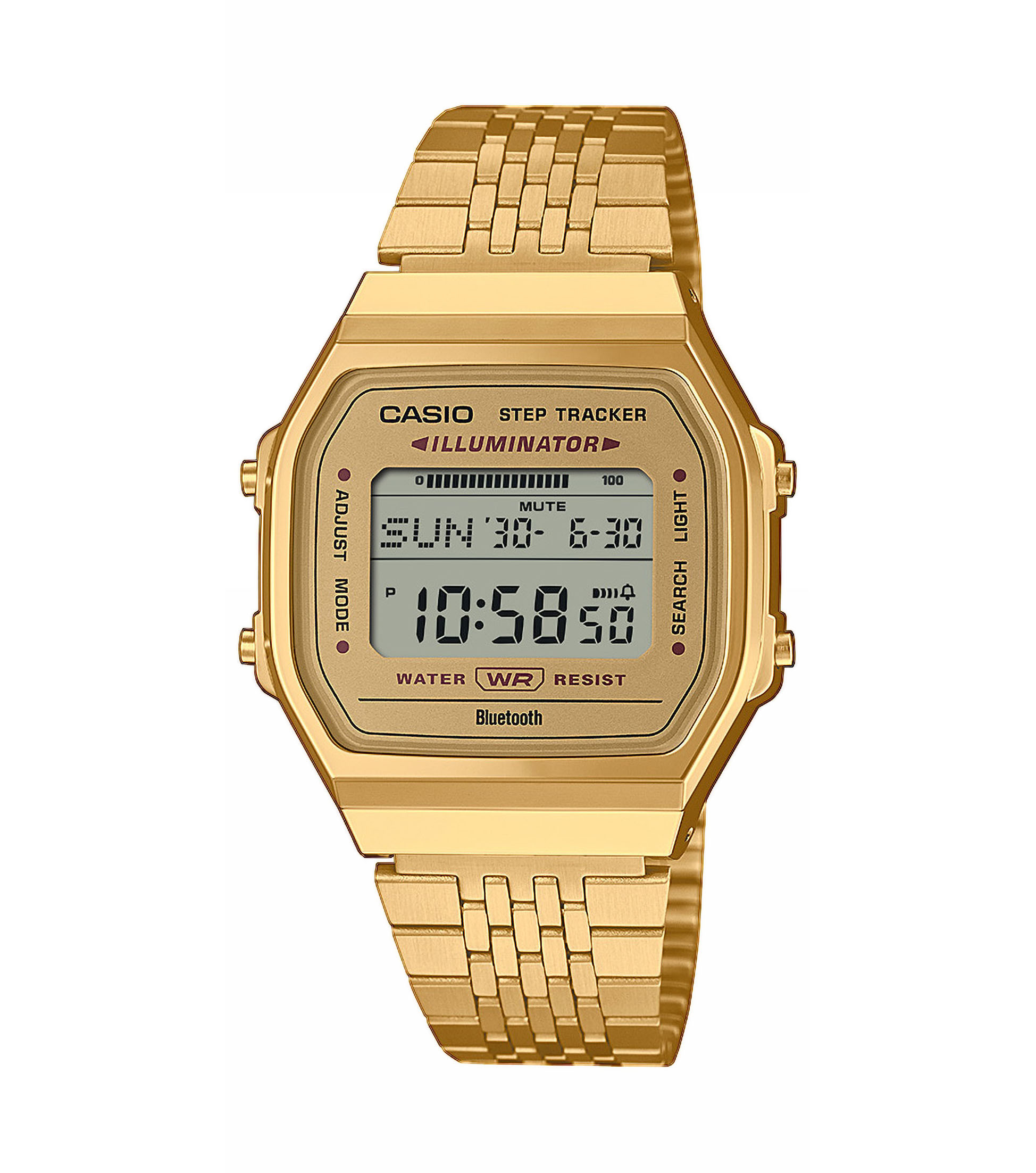 De CASIO Vintage Collection Horloge ABL-100WEG-9AEF is een digitale polshorloge met een stappenteller en Bluetooth-functionaliteit. Uitgerust met een goudkleurige roestvrijstalen band, kunststof kast, datum- en lichtfunctie. Ideaal voor dagelijks gebruik en geschikt voor elke gelegenheid. Draag het comfortabel om je pols voor een stijlvolle retro uitstraling.