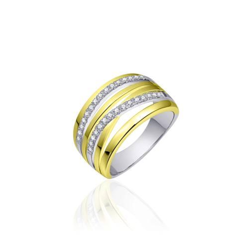 Zilver vergulde ring, 4 banen met 2 banen zirkonia