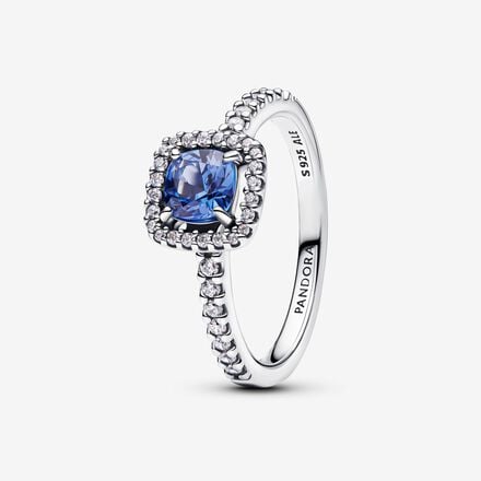 Pandora Sprankelende ring met vierkante blauwe halo