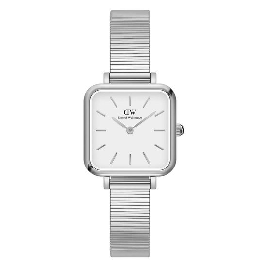 Daniel Wellington dames horloge, stalen band, vierkante kast, witte wijzerplaat.