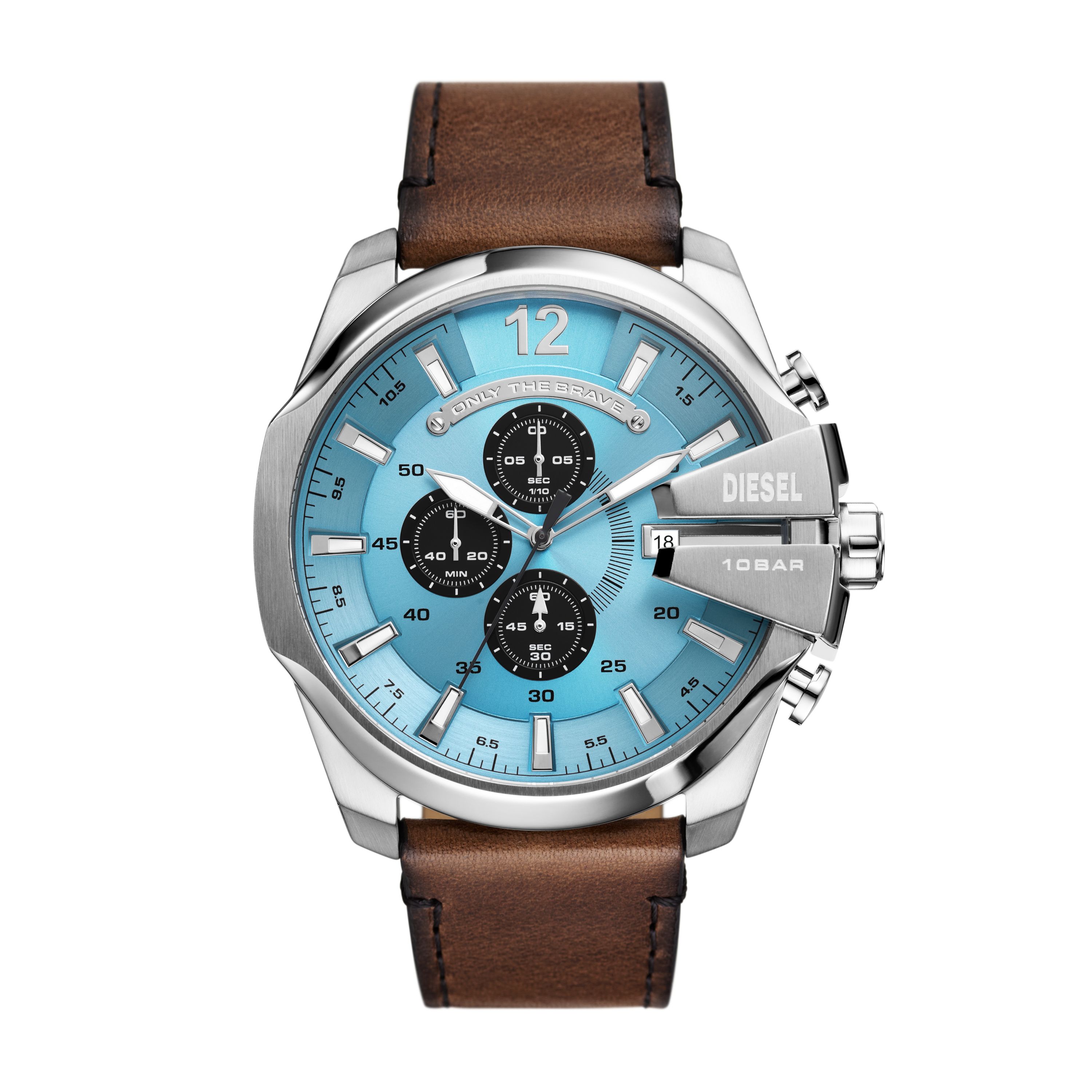Diesel heren horloge. Chronograaf model. Stalen kast met een blauwe wijzerplaat en bruin lederen band. 