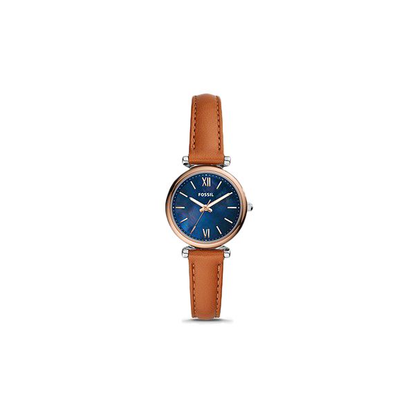  Dames horloge, bruin lederen band, rosé kleurige kast, blauwe wijzerplaat