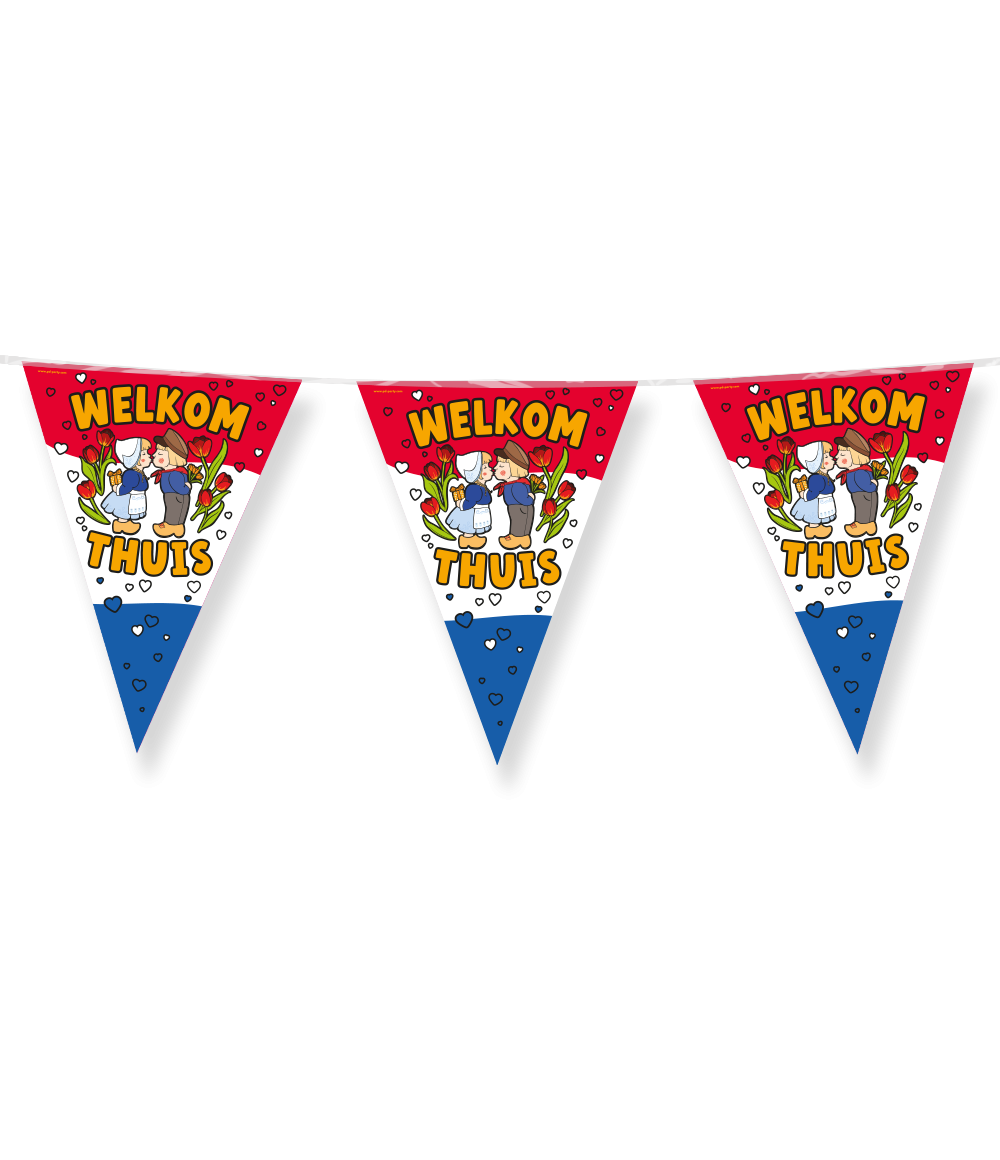 Een feestje ter ere van iemand die na een lange periode weer thuis komt kan niet zonder vlaggetjes en als je deze party flags foil welkom thuis koopt dan haal je direct een vlaggenlijn met een uniek thema in huis! De vlaggetjes zijn gemaakt van folie en de vlaggenlijn is 10 meter lang.