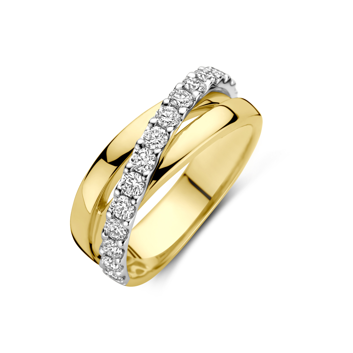 14k Geel en witgouden ring uitgevoerd met diamant. De ring heeft een breedte van 7mm. Het totale diamantgewicht is 0.67ct.