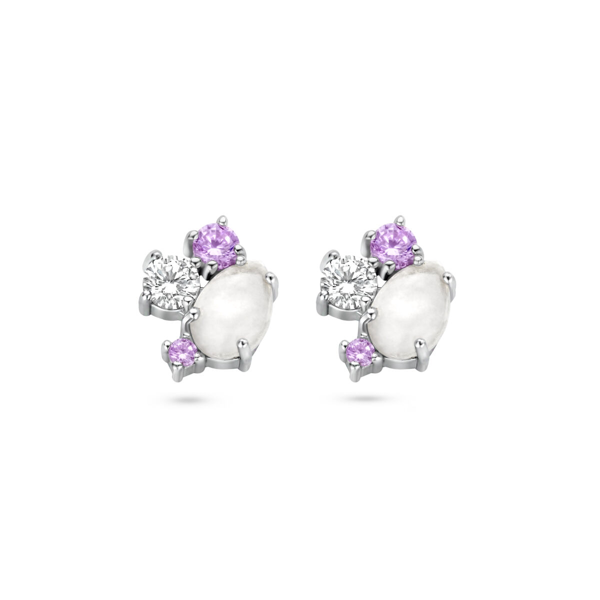 Zilveren  oorstekers met rozenkwarts en zirconia