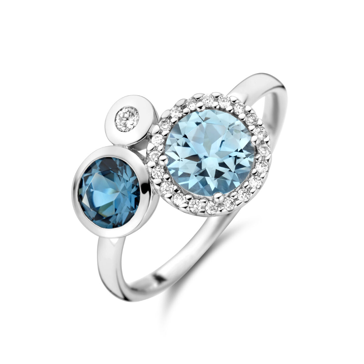 Witgouden ring met London Blue Topaas, Topaas en Diamant 0.09ct. (H-Si).
