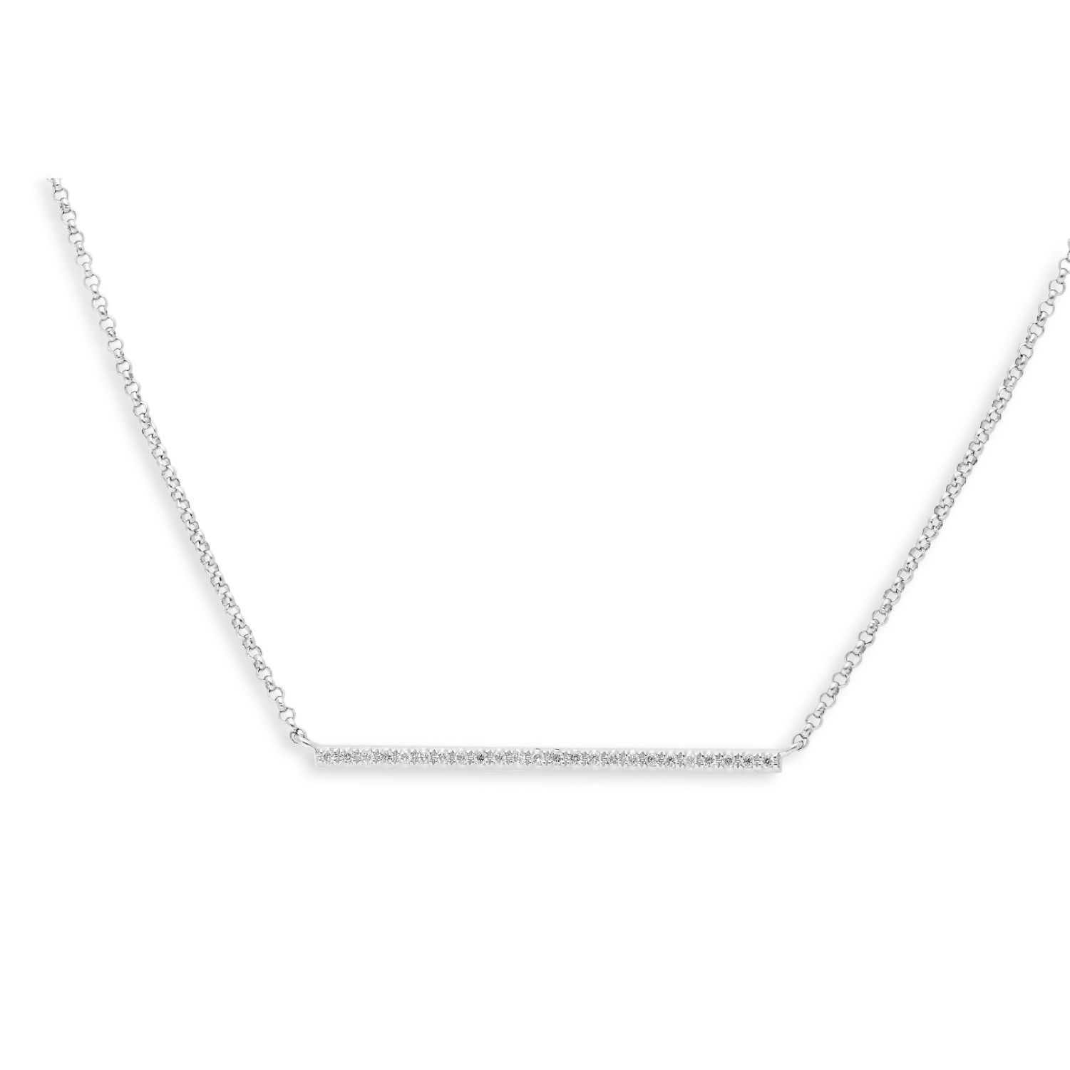 een 14 krt witgouden collier met daartussen een staafje met 24 diamant stenen  briljant geslepen totaal 0.07 Crt. 