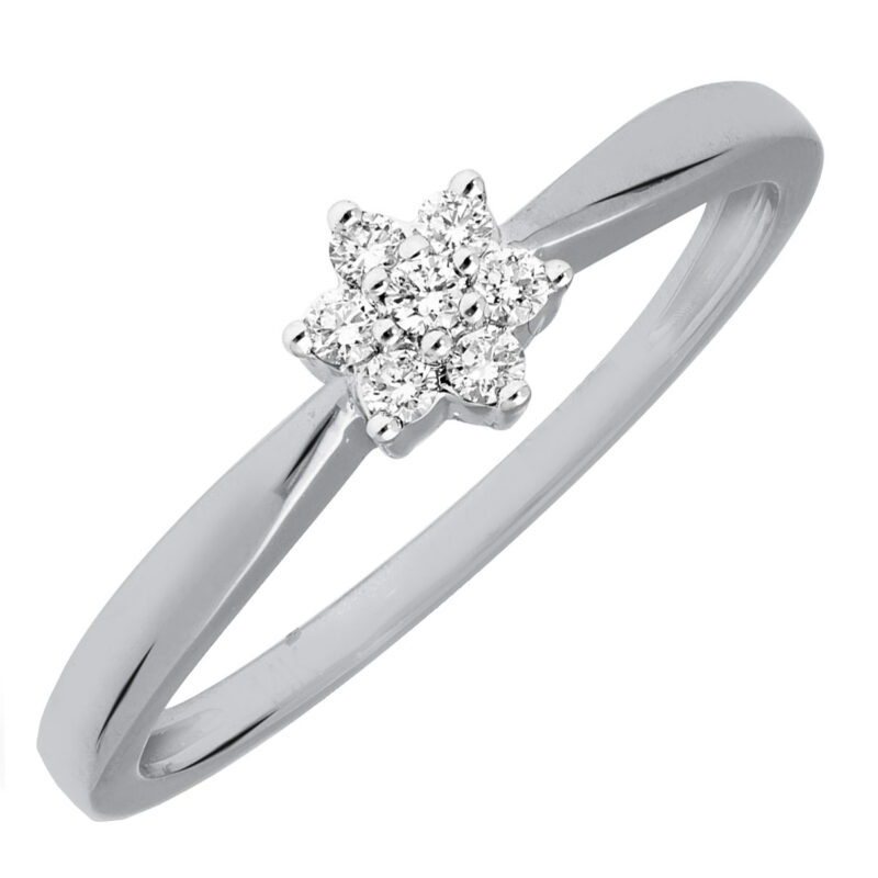 een 14 krt witgouden rozetring met 7 diamanten briljant geslepen totaal 0.15 crt h SI.