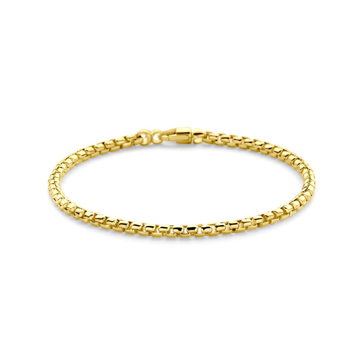 14k Geelgouden armband met een draaglengte van 19cm. De schakelbreedte is 3mm. Uitgevoerd met karabijnsluiting.