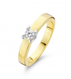 14 Karaat geel gouden solitair ring met witgouden zetting met daarin 1 briljant van 0.10 crt TW/VSI.