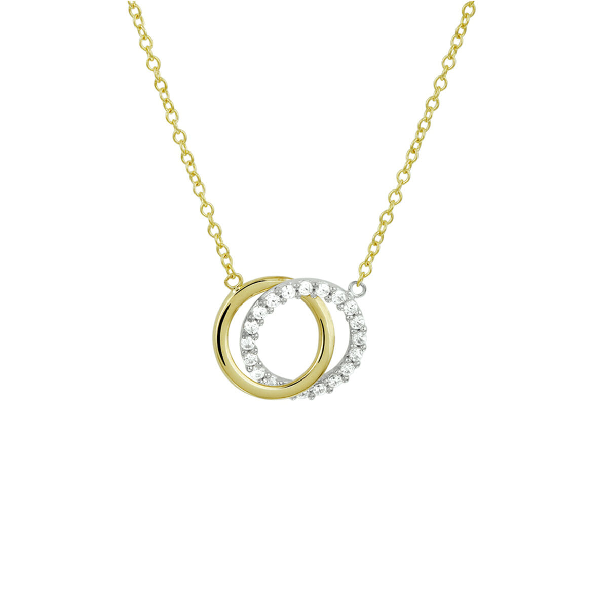 Wit met geelgouden collier met rondjes en zirkonia. Het collier heeft draaglengtes van 40, 42 en 44cm. De schakelbreedte is 1.3mm.