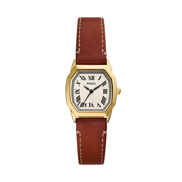 Fossil dames horloge. bruine lederen band, hoekige kast met lichte wijzerplaat.