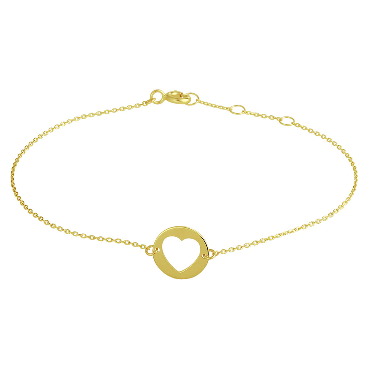 14k Geelgouden armband uitgevoerd met een rondje met daarin een open hartje. De armband heeft draaglengtes van 16.5, 17.5 en 18.5cm. Het rondje heeft een diameter van 10mm. De schakelbreedte is 0.8mm.