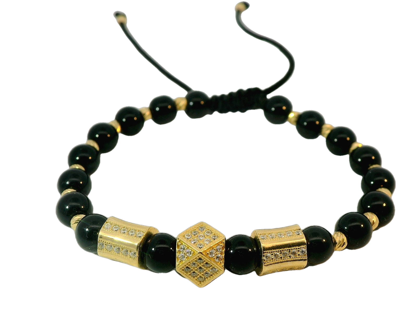 Deze prachtige geelgouden armband van 14 karaat is voorzien van een elegante onyx steen en heeft een fantasierijk ontwerp. De armband is perfect voor zowel casual als formele gelegenheden en voegt direct een vleugje luxe toe aan elke outfit. Draag hem alleen als statement stuk of combineer hem met andere armbanden voor een gelaagde look.