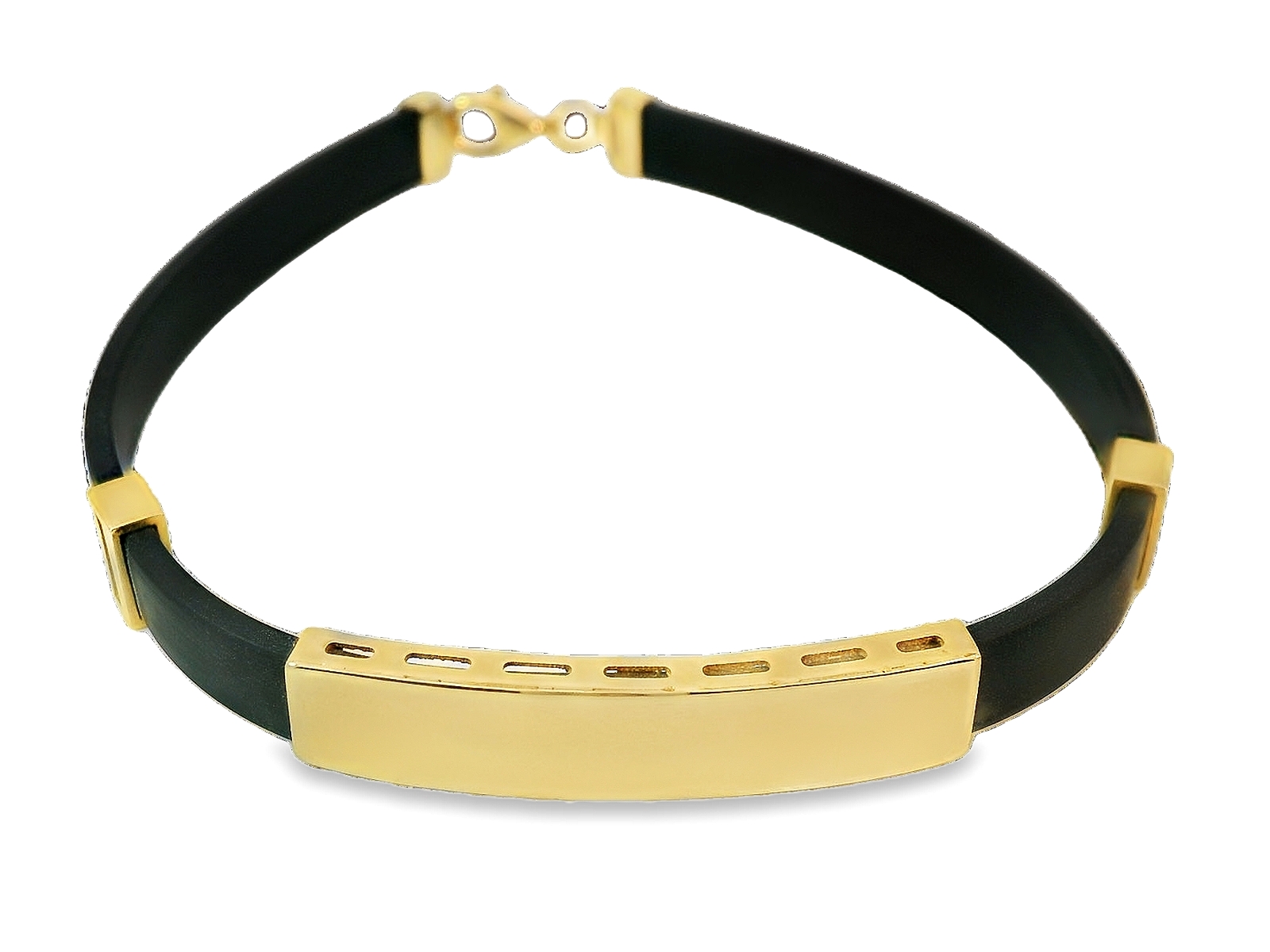 Deze geelgouden armband van 14 karaat met rubber heeft een elegante en moderne uitstraling. Het stijlvolle ontwerp maakt het perfect voor zowel casual als formele gelegenheden. Draag het alleen voor een minimalistische look of combineer het met andere armbanden voor een gelaagde stijl. De armband is stevig en duurzaam, waardoor het een tijdloze toevoeging aan je sieradencollectie is.