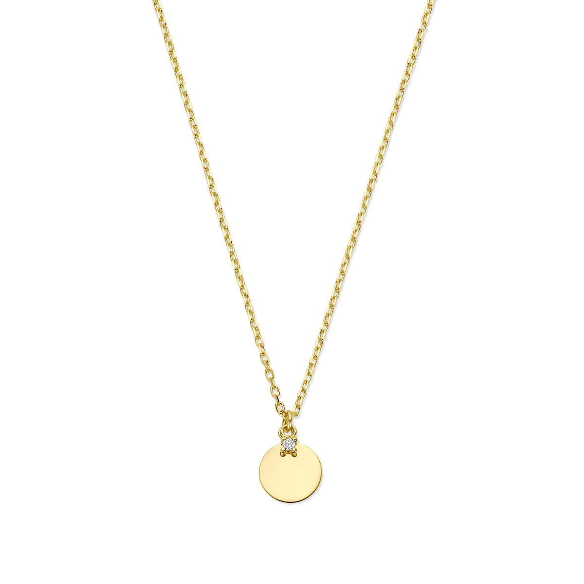 14k collier uitgevoerd met een rondje en zirkonia. Het collier heeft draaglengte van 40-42-44cm en een schakelbreedte van 1.1mm.