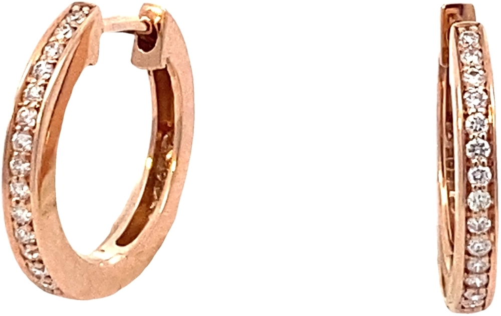 Rosé gouden creolen van het merk Monzario 
 Ø15mm 2mm 
met diamant Briljant geslepen totaal 0.14 Carat  H/Si 