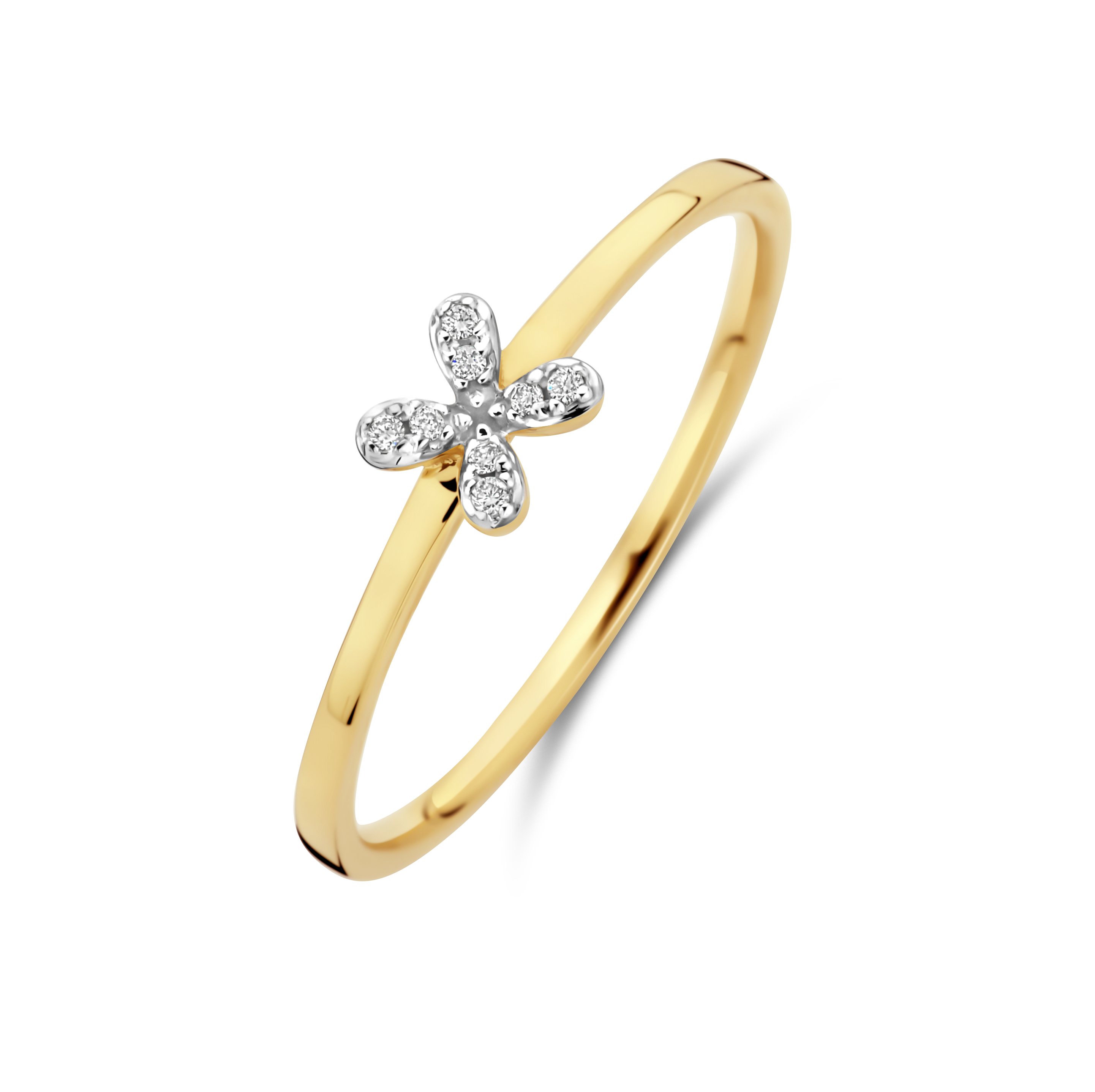Prachtige gouden ring met 0.02ct briljant bloemetjes vorm