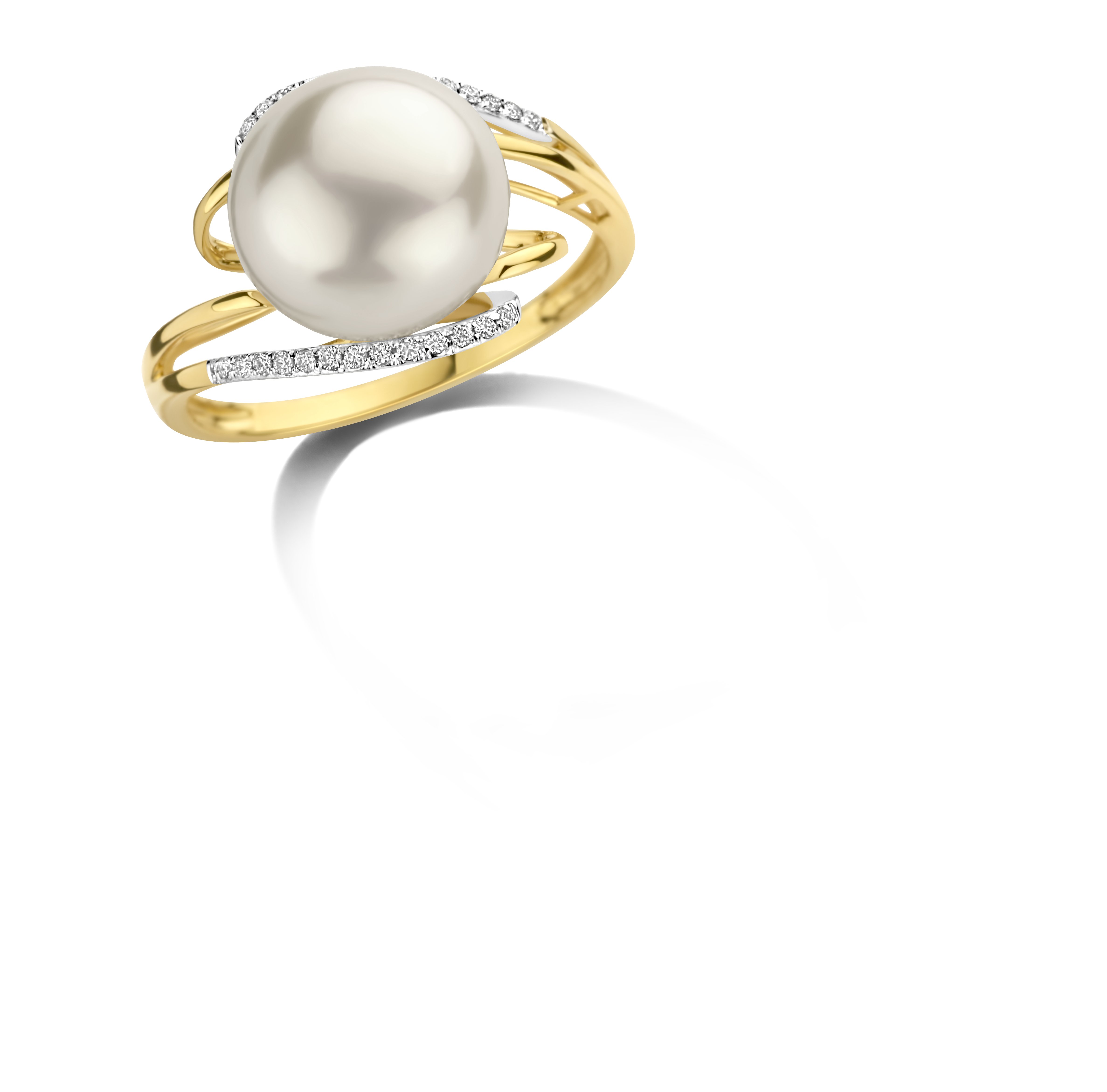 Ring 18 karaat geel goud met 0.08ct brilj en zoetwaterparel