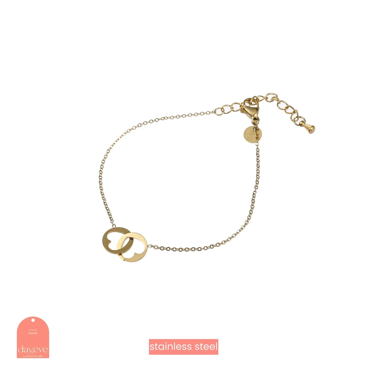 Deze prachtige armband van DAY & EVE heeft vergrendelde hartjes en is gemaakt van roestvrij staal met een 14K vergulding. De armband heeft een moderne en stijlvolle uitstraling en kan zowel overdag als 's avonds gedragen worden. Het beste is om deze armband los te dragen voor een subtiele look of te combineren met andere armbanden voor een speels effect. Een perfect accessoire voor elke gelegenheid!