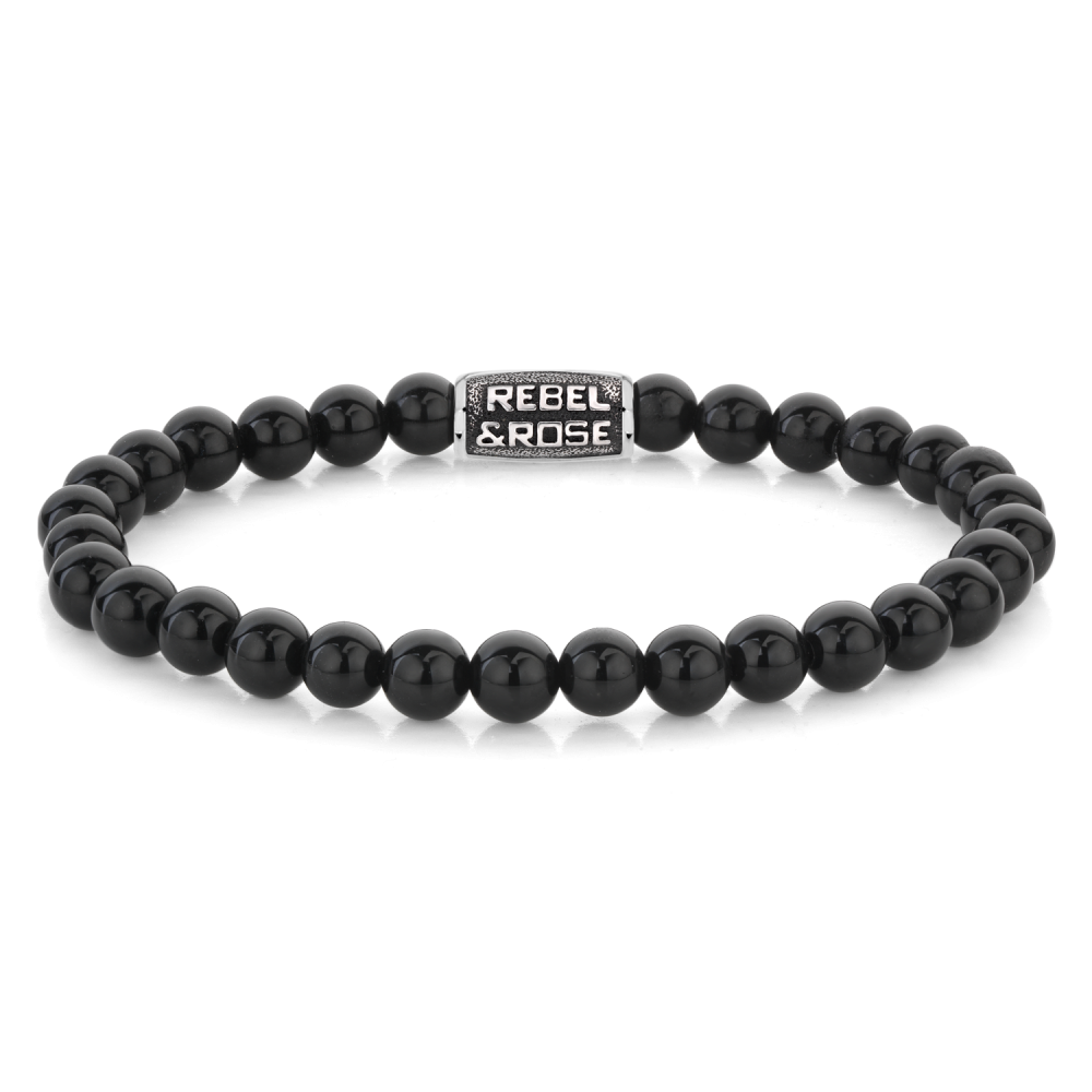 Natuurstenen armband van het merk Rebel & Rose. De armband heeft een hoogwaardige elastische stretch koord, zwarte 6mm Onyx natuurstenen beads 